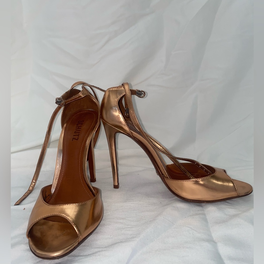 Chrome- Rose Gold SCHULTZ stiletto sandals. Size 11 Gently worn- like new!